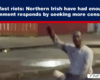 News thumbnail showing a man in a light shirt raising a hand during Belfast riots at night, with a bold headline about censorship above.