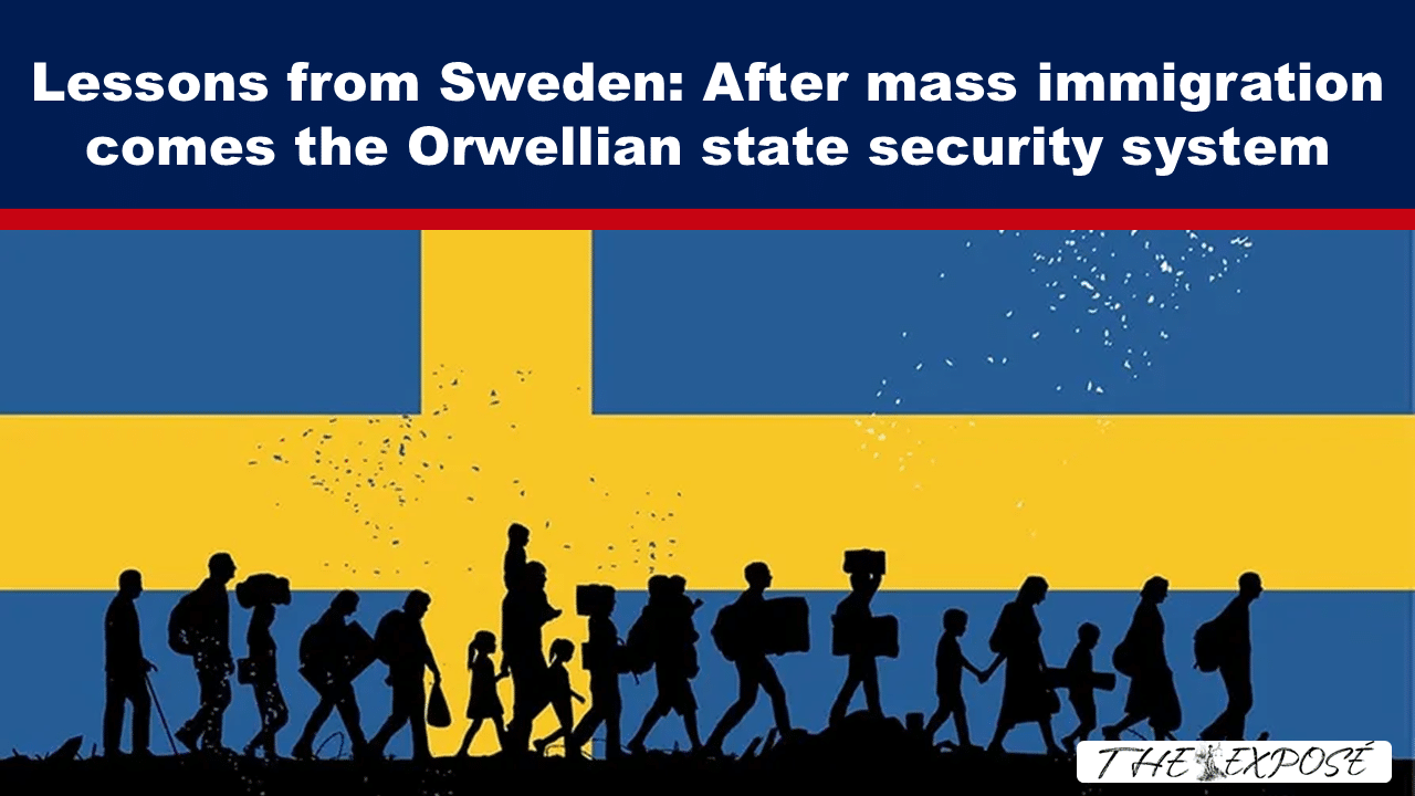 JunFeat11b - The Expose News cover: headline about Sweden and immigration over a stylized Swedish flag with silhouettes of refugees walking in the foreground.