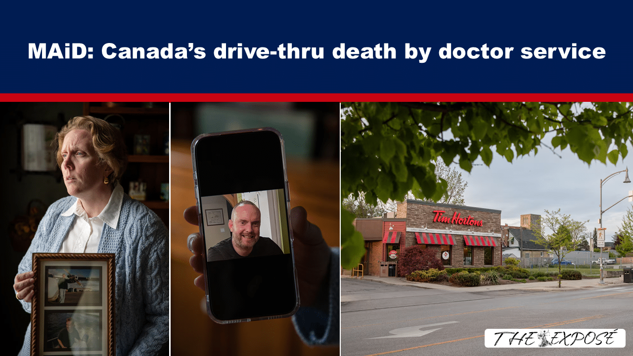 MAiD banner about drive-thru death by doctor service; three panels show a grieving woman with a framed photo, a man on a video call, and a Tim Hortons storefront