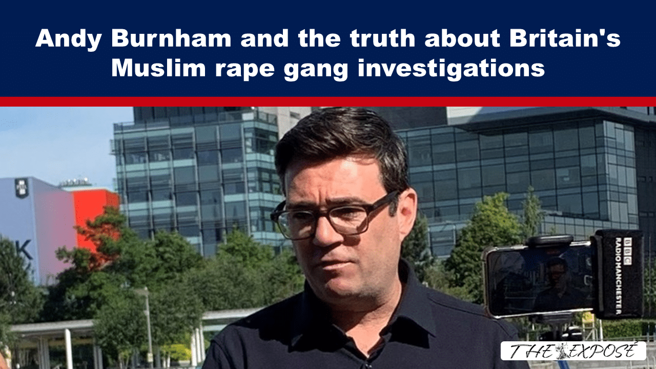 Hero banner for a news article: headline reads 'Andy Burnham and the truth about Britain's Muslim rape gang investigations'; man with glasses is outdoors near a video camera. Please note the subject is not identified by name in the image.