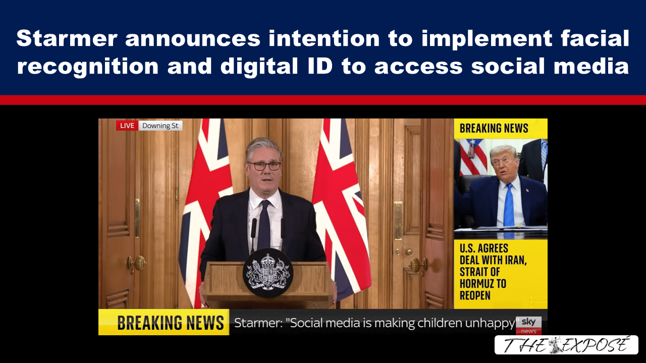 JunFeat15 - The Expose Breaking-news image of a politician at a podium with UK flags, announcing facial recognition and digital ID for social media access.
