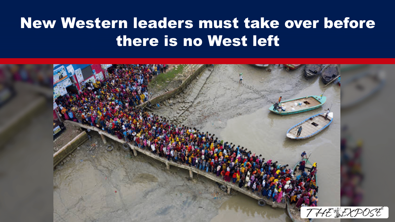 JunFeat15b - The Expose Large crowd packed on a bridge over a muddy river with small boats nearby; headline at top discusses Western leaders taking over.