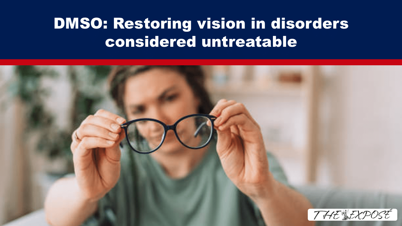 Banner with headline about DMSO restoring vision; foreground shows a person holding eyeglasses.