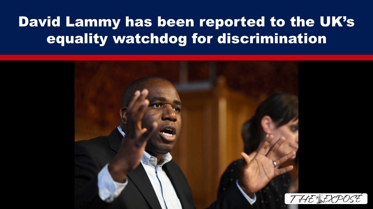 News banner: 'David Lammy has been reported to the UK's equality watchdog for discrimination' with a blue header and red underline; man in a suit speaking with expressive hands.