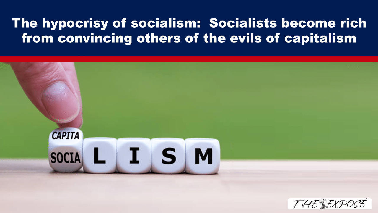 JunFeat17b - The Expose Headline about socialism hypocrisy; close‑up of a hand placing a dice block reading 'CAPITA' atop dice forming 'SOCIALISM' with a green background and The Exposé logo in corner.