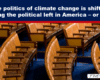 Cover image for an article about whether climate politics are shifting among America's left, with empty auditorium seats in the background and The Exposé logo in the corner.
