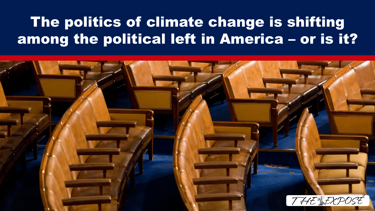 Cover image for an article about whether climate politics are shifting among America's left, with empty auditorium seats in the background and The Exposé logo in the corner.