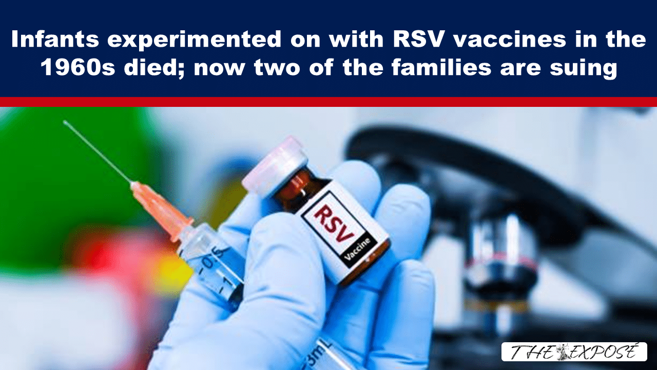 JunFeat19a - The Expose Gloved hand holds an RSV vaccine vial and syringe under a dark blue banner about infant trials and lawsuits.