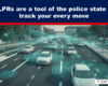 Highway with multiple cars and glowing circular patterns representing license plate recognition technology tracking each vehicle's movements.
