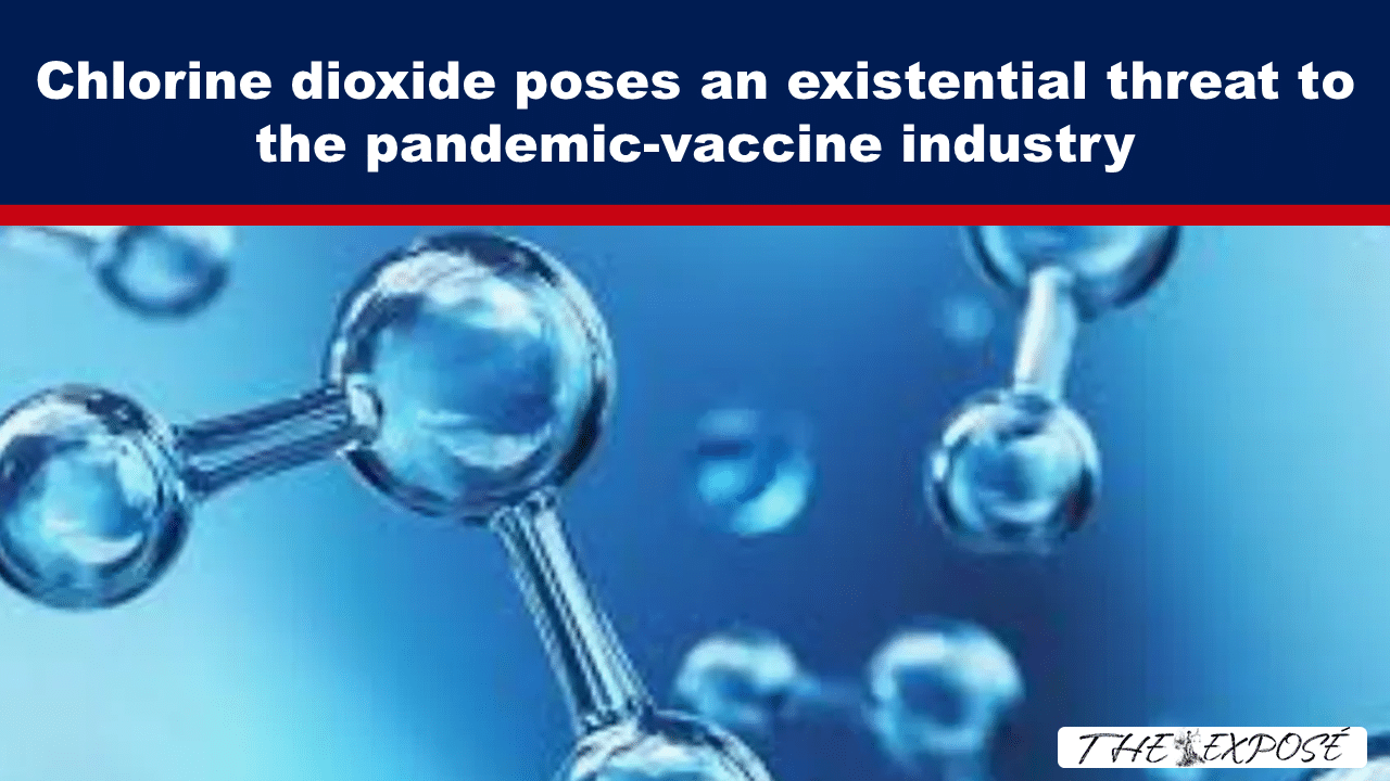 JunFeat20b - The Expose Headline banner claiming chlorine dioxide threatens the pandemic‑vaccine industry, over a blue chemical model image with a red divider and The Exposé watermark.