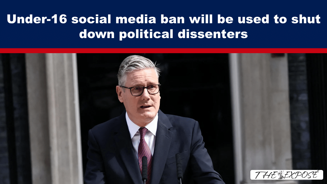 JunFeat23 - The Expose News banner headline: 'Under-16 social media ban will be used to shut down political dissenters' over a man speaking at a podium outside a building.