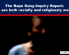 Banner headline: 'The Rape Gang Inquiry Report: Crimes are both racially and religiously motivated' over a dark banner with a red divider, followed by a blurred portrait and a 'The Expose' watermark.