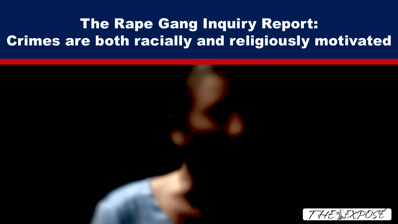 JunFeat23b - The Expose Banner headline: 'The Rape Gang Inquiry Report: Crimes are both racially and religiously motivated' over a dark banner with a red divider, followed by a blurred portrait and a 'The Expose' watermark.