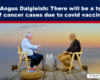 Headline reads 'Prof. Angus Dalgleish: There will be a tsunami of cancer cases due to covid vaccines' with two men seated on a dock at sunset, engaged in conversation.