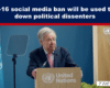 Banner headline about an under-16 social media ban; man in a suit speaks at a United Nations podium.