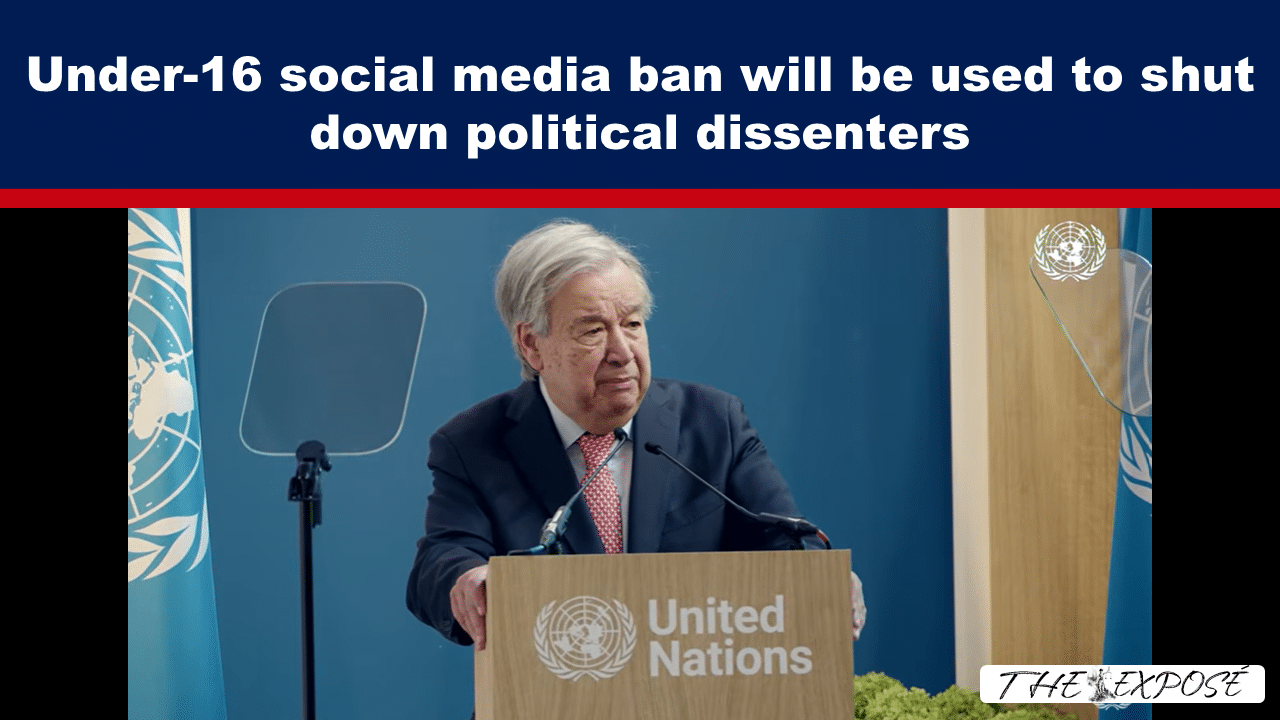 JunFeat24 - The Expose Banner headline about an under-16 social media ban; man in a suit speaks at a United Nations podium.
