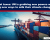 Cargo ship loaded with colorful containers at a busy port beneath cranes, accompanying a headline about global taxes and climate policy.