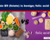 Split image showing natural foods rich in folate on the left and pills labeled 'folic acid' on the right with a 'VS' in the center, illustrating a comparison of B9 forms.