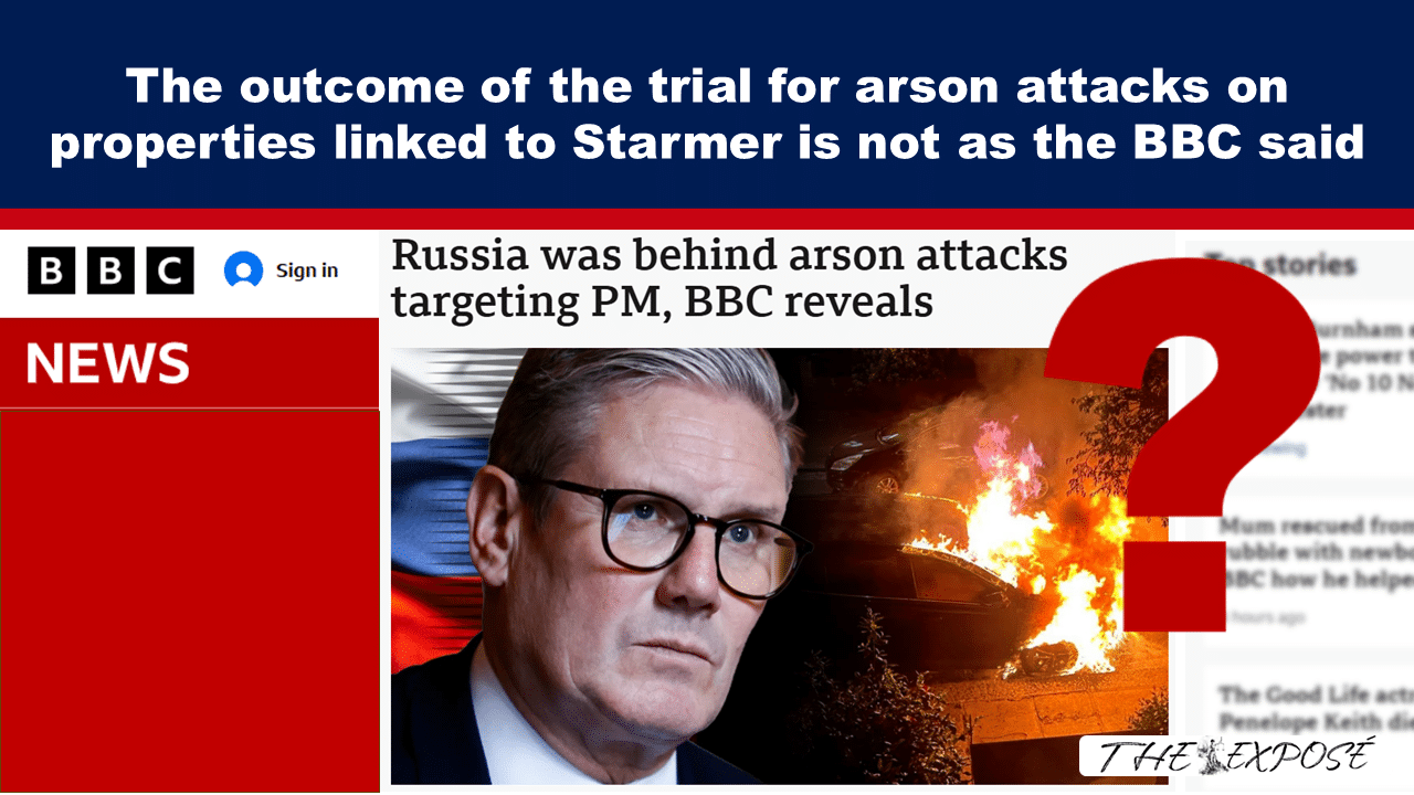 BBC News headline about Russia behind arson attacks on the PM, with a man in glasses beside a burning car and a large red question mark.