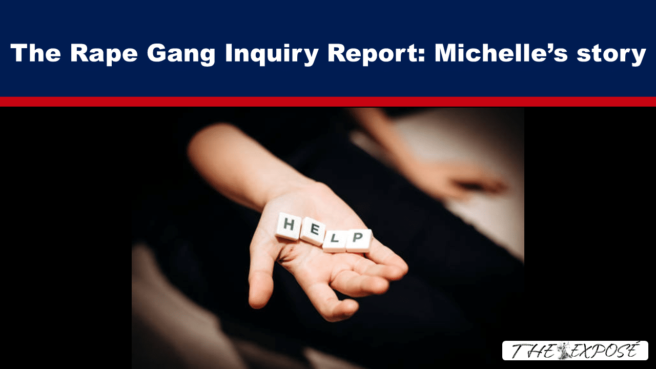 Hand extended with Scrabble tiles spelling HELP against a dark background, under a bold blue news header about a rape gang inquiry.