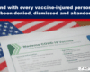 Vaccine information sheet on a US flag backdrop with a dark blue banner and bold quote about standing with vaccine-injured people at the top.