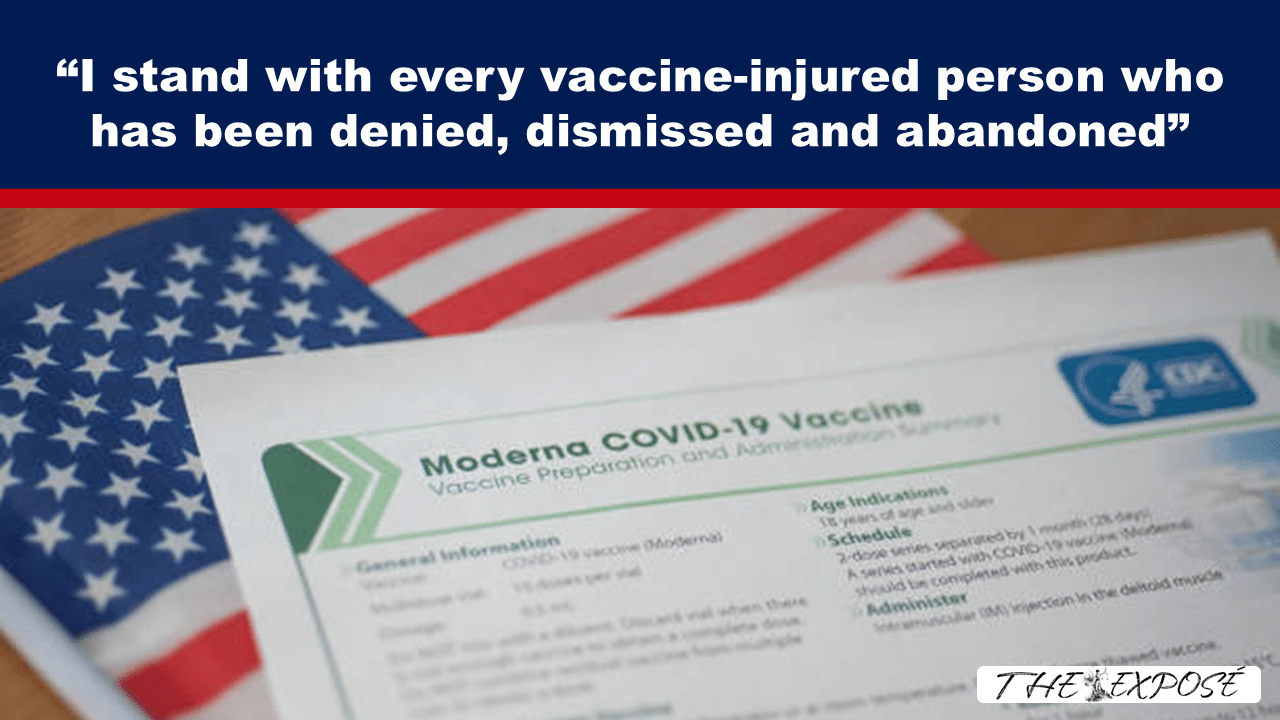 Vaccine information sheet on a US flag backdrop with a dark blue banner and bold quote about standing with vaccine-injured people at the top.