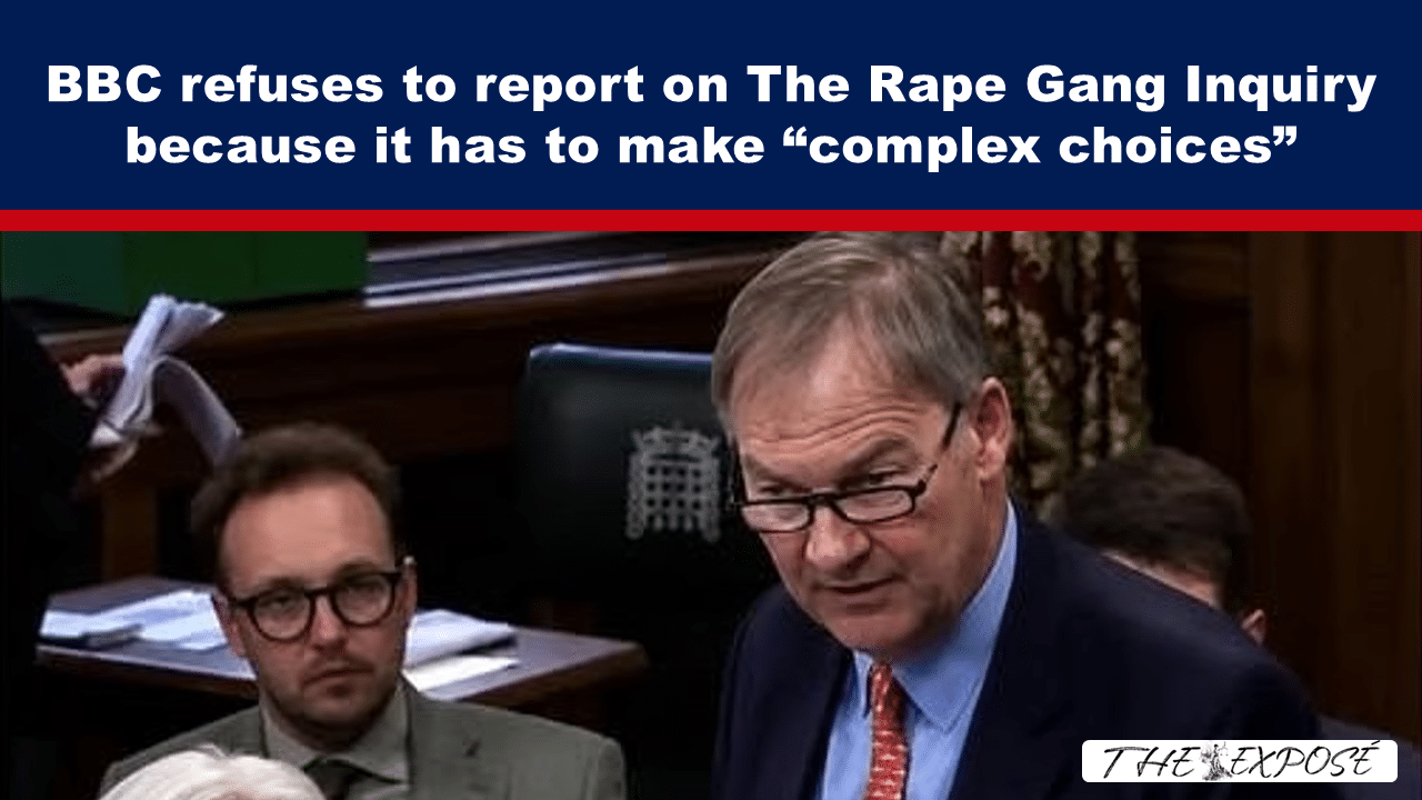 BBC headline about refusing to report on a rape gang inquiry; two suited men in a courtroom setting