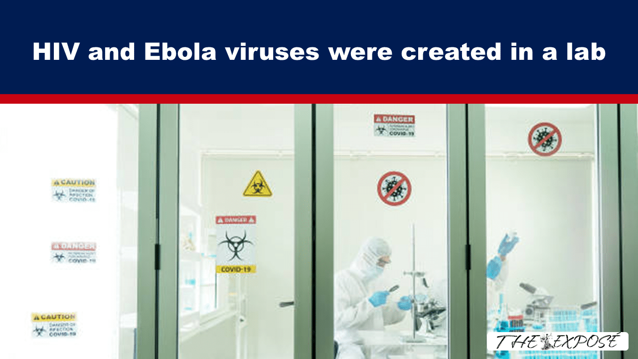- The Expose Banner text: 'HIV and Ebola viruses were created in a lab' over a lab scene with a scientist in protective suit inside a biosafety facility behind glass doors with warning signs (biohazard).