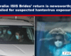 Split image: left side shows masked passengers in a white SUV; right side shows a healthcare worker in full PPE and mask, illustrating a news comparison.
