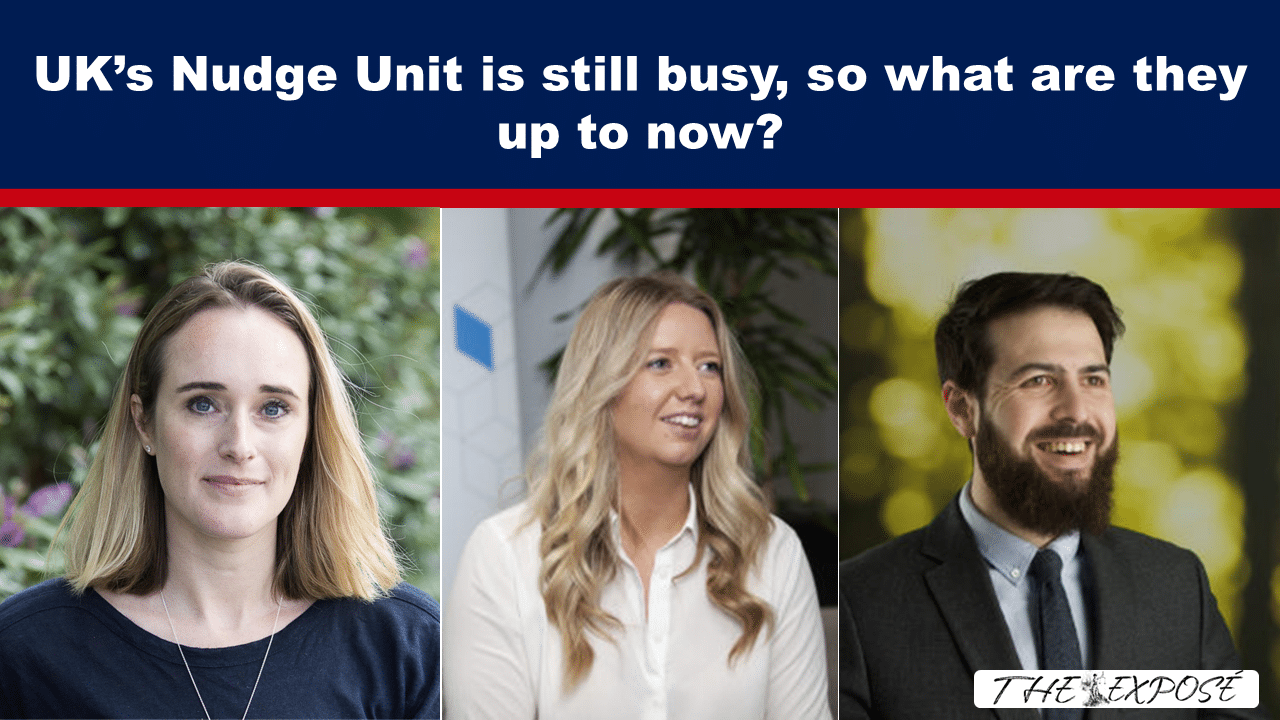 Header image for article: three professional headshots (left: woman outdoors, center: woman in office, right: bearded man in suit) under a navy banner headline about the UK’s Nudge Unit.