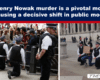 Split image: left shows protesters pressed against barricades with several police officers; right shows a woman kneeling with two police officers in a city square holding a cardboard sign.