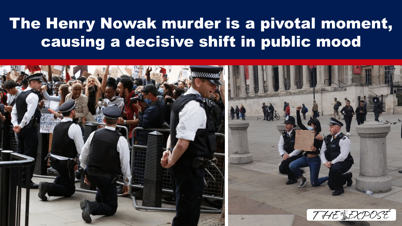 Split image: left shows protesters pressed against barricades with several police officers; right shows a woman kneeling with two police officers in a city square holding a cardboard sign.