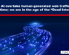 Banner header about bots and AI overtaking human web traffic; neon blue data highway curves across a dark blue backdrop underneath a white headline.