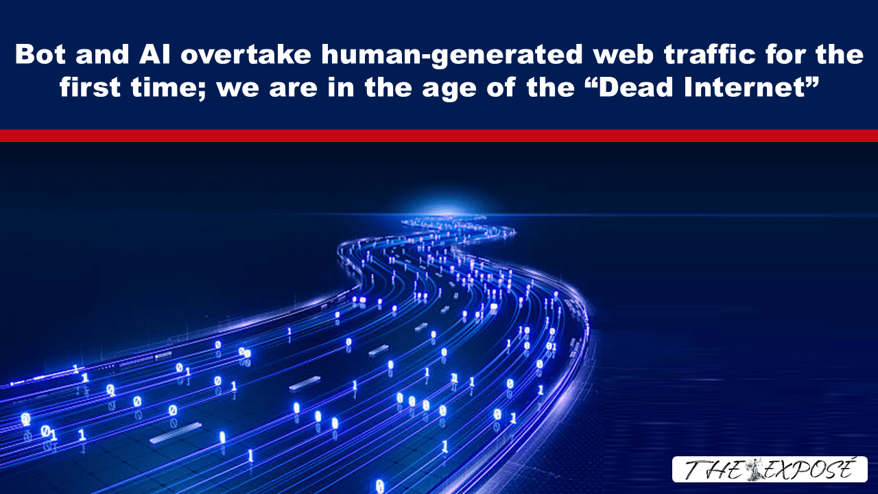 Banner header about bots and AI overtaking human web traffic; neon blue data highway curves across a dark blue backdrop underneath a white headline.