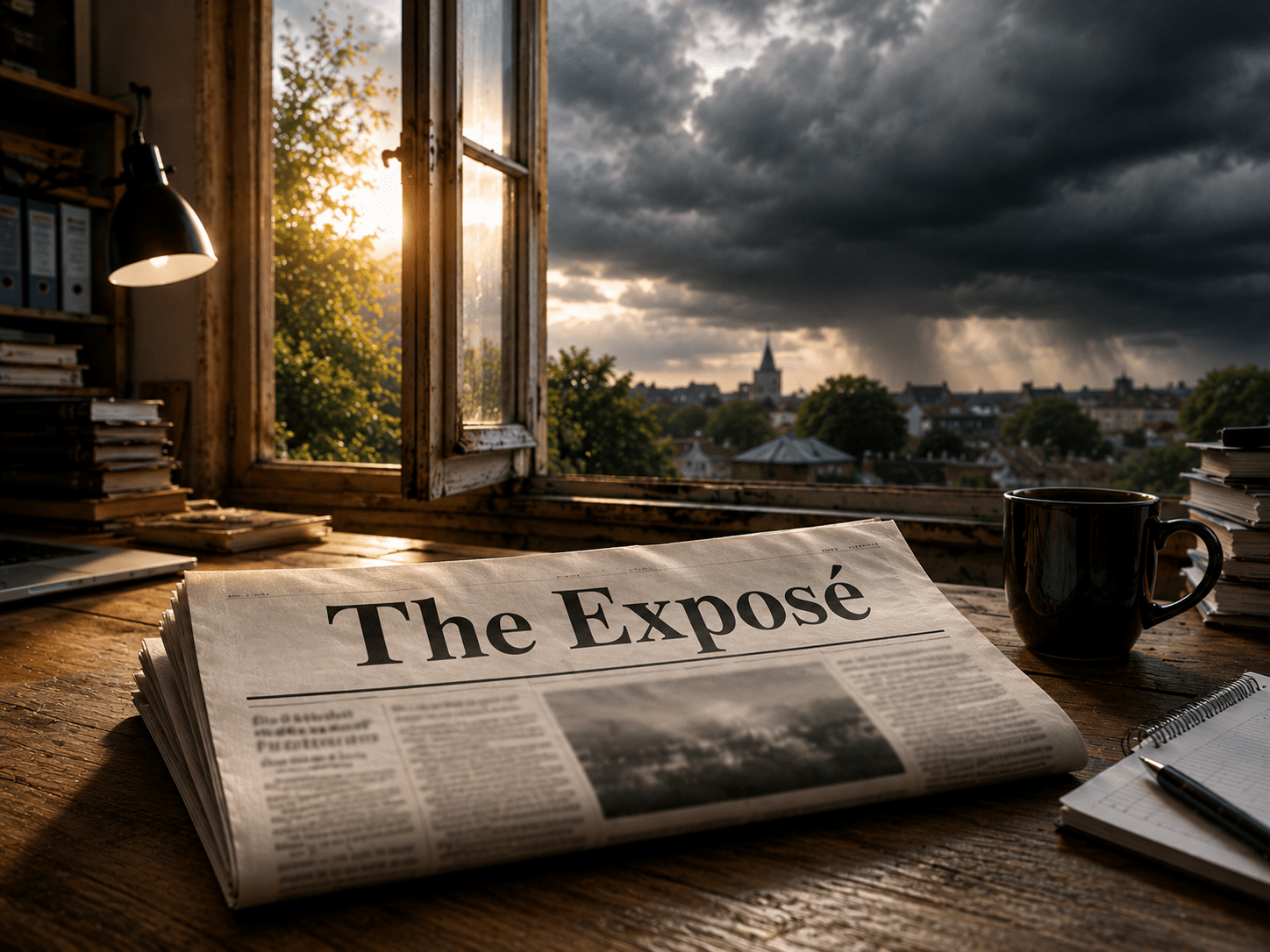 Support The Expose this June - The Expose Folded newspaper titled “The Exposé” on a sunlit office desk, with dark storm clouds gathering outside the open window.