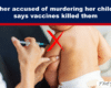 News thumbnail: headline claims mother says vaccines killed her children; a nurse vaccinates a baby, with a red X over the injection site.