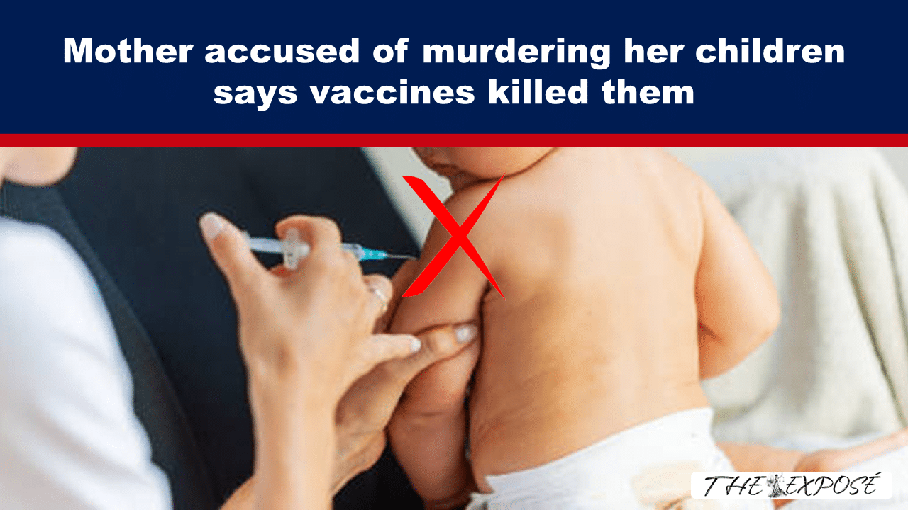 JulFeat18b - The Expose News thumbnail: headline claims mother says vaccines killed her children; a nurse vaccinates a baby, with a red X over the injection site.