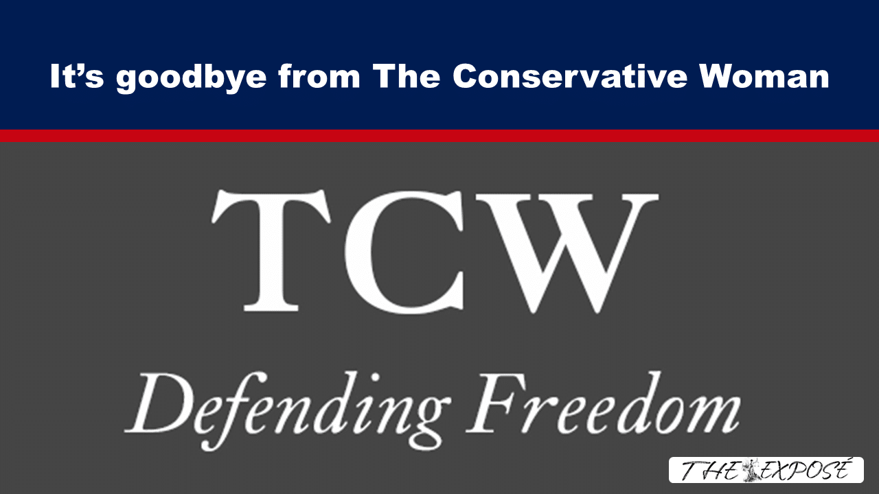 JulFeat18c - The Expose Farewell banner for The Conservative Woman, featuring the TCW logo and the slogan 'Defending Freedom' on a dark grey panel with a blue header.