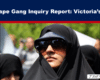 News banner: The Rape Gang Inquiry Report—Victoria’s story; woman in a black hijab and sunglasses in the foreground.