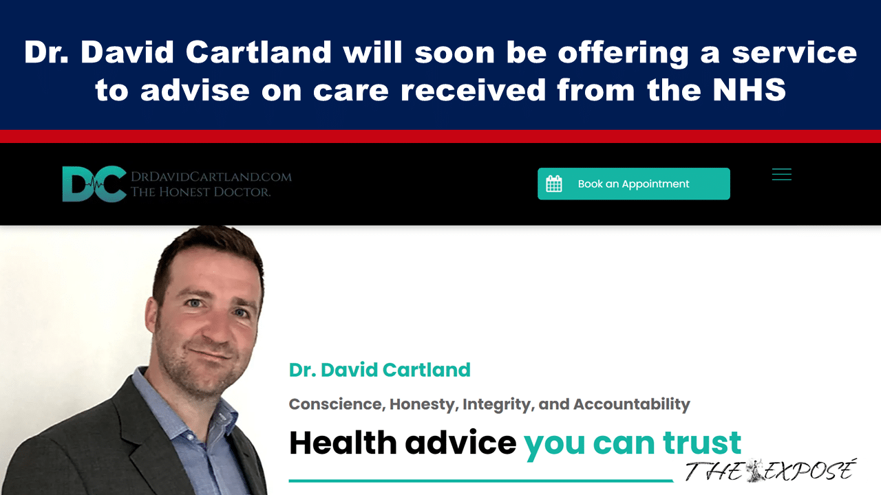 Banner for Dr. David Cartland offering NHS care advice with logo, red separator line, and teal 'Book an Appointment' button.
