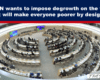 Large circular conference chamber filled with delegates seated around curved desks in a formal meeting setting.