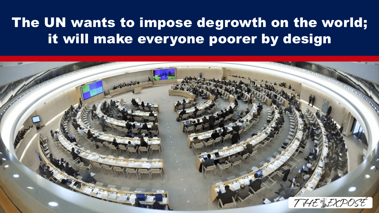 Large circular conference chamber filled with delegates seated around curved desks in a formal meeting setting.