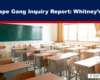 Empty classroom with rows of desks and a green chalkboard; blue banner across the top reads 'The Rape Gang Inquiry Report: Whitney’s story'.
