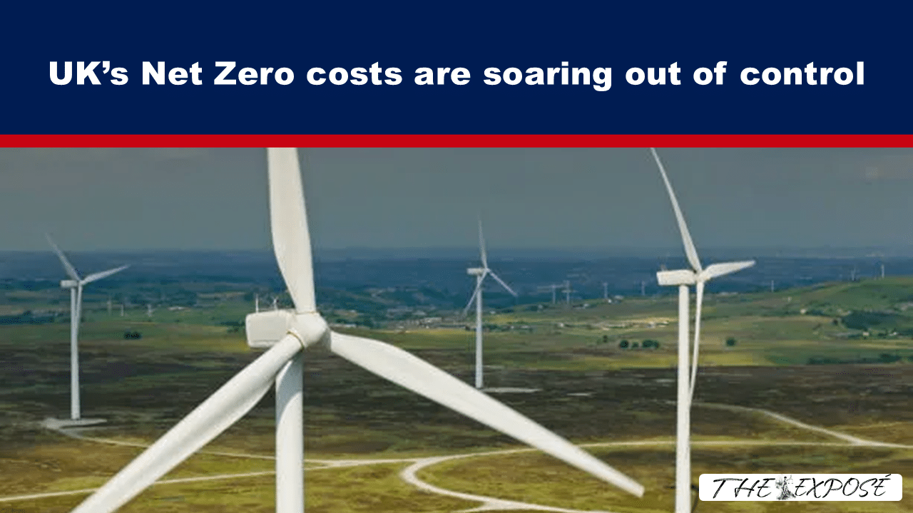 Header image for article showing a wind farm under a dark blue banner that reads 'UK’s Net Zero costs are soaring out of control'.