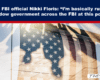 News banner for an article about Nikki Floris accusing a shadow FBI government; background shows a U.S. flag over a world map silhouette.