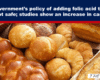 Headline banner over a display of breads warning that folic acid in flour may be unsafe and linked to cancer.