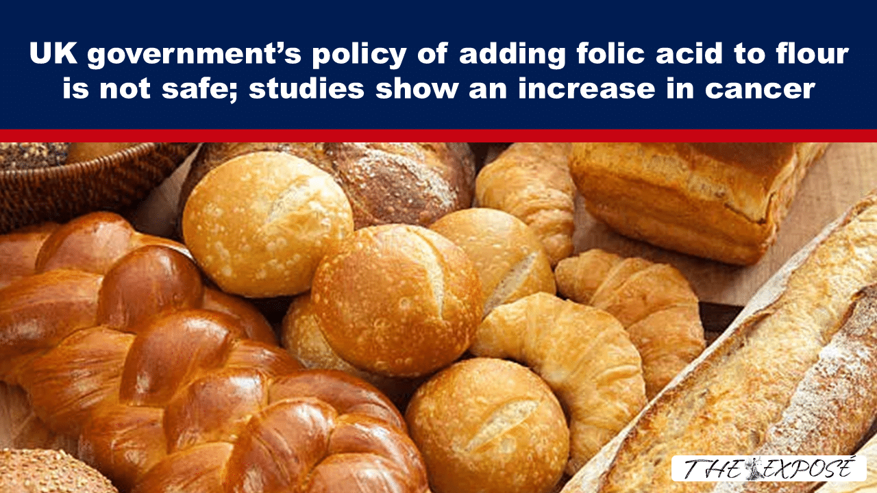 Headline banner over a display of breads warning that folic acid in flour may be unsafe and linked to cancer.