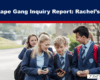 Group of students in blue school uniforms walking outdoors, looking at their phones, beneath a news banner about a rape gang inquiry.