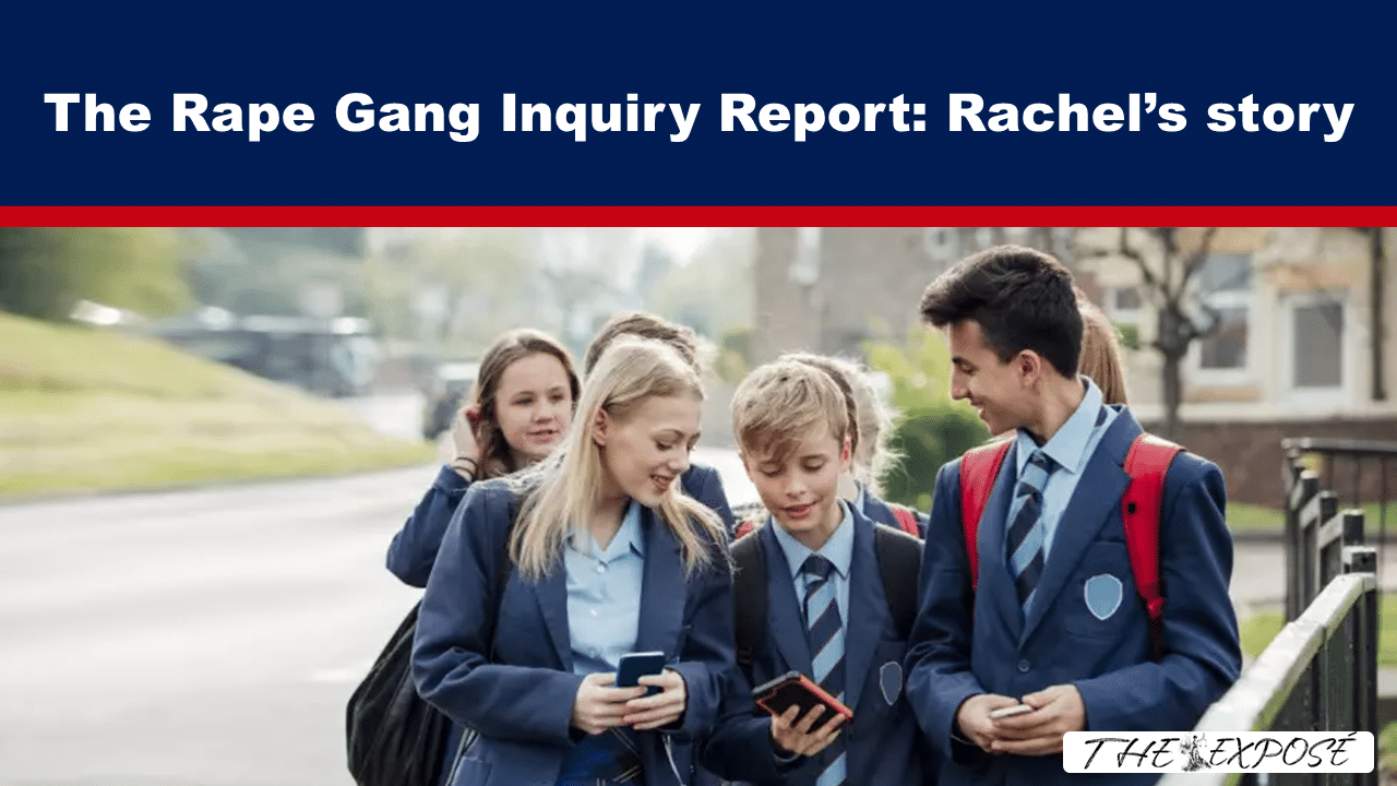 Group of students in blue school uniforms walking outdoors, looking at their phones, beneath a news banner about a rape gang inquiry.