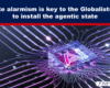 Header stating 'Climate alarmism is key to the Globalists’ plan to install the agentic state' over a purple neural-network illustration; The Exposé watermark.